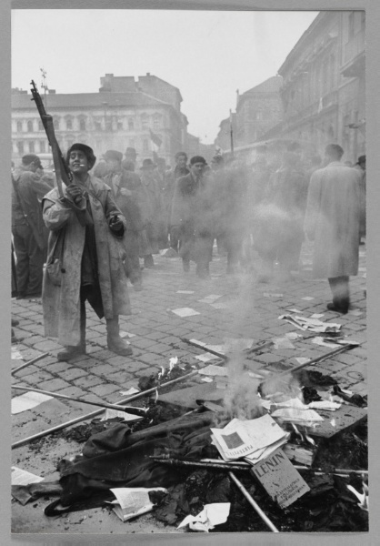 Burning communist materials and flags in street during revolution, Hungary