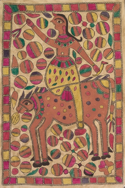 Rider and four-legged bovine creature with border of colored squares