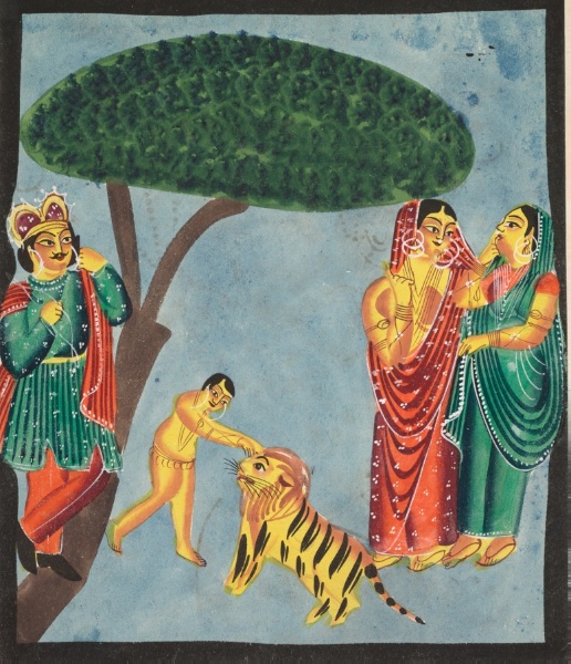 Dushyanta watching his son Bharat playing with the tiger at the end of the Abhijnanashakuntalam (verso), from a Kalighat album