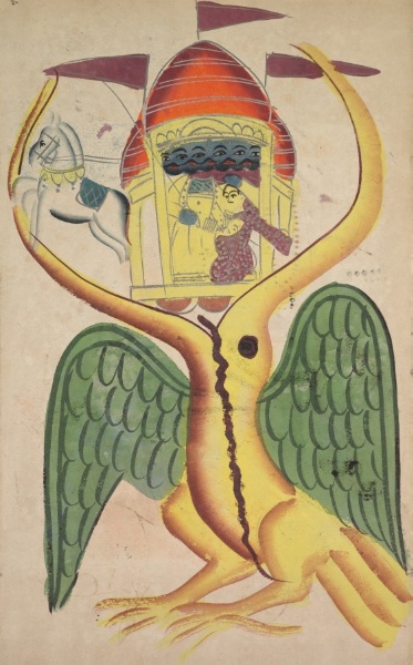 Jatayu hinders Ravana’s chariot, trying to prevent the abduction of Sita (recto), from a Kalighat album