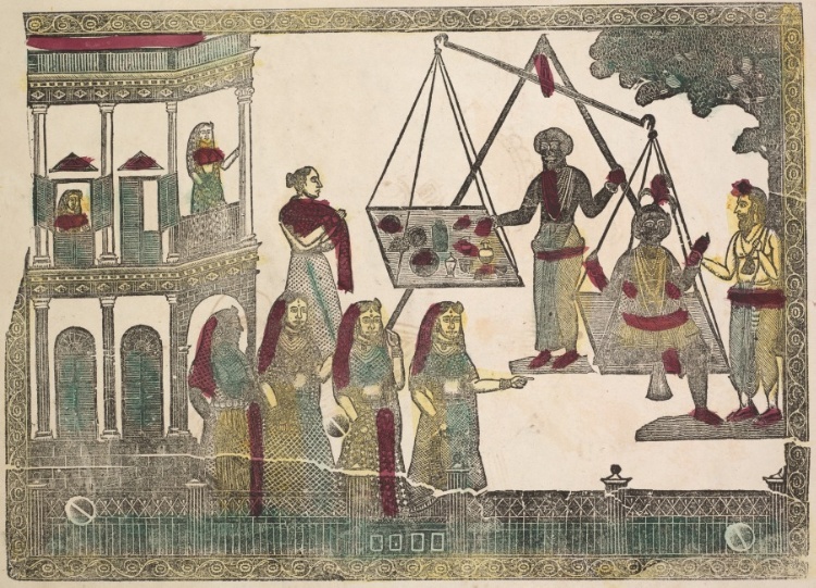 Krishna weighed against precious objects(?) (verso), from a Kalighat album