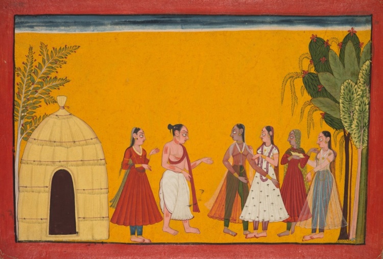 The royal priest Shatananda confirms that the four princesses of Mithila should marry the sons of King Dasharatha, from Chapter 70 of the Bala Kanda (Book of Childhood), folio 13 from a “Shangri” Ramayana (Rama’s Journey)