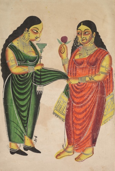 Maid bringing a hookah to a lady (recto), from a Kalighat album