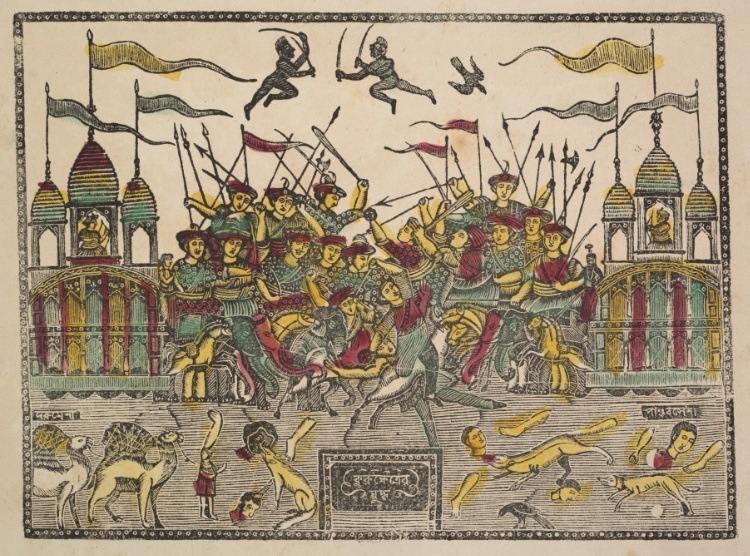Battle Scene at Kurukshetra from the Mahabharata War (verso), from a Kalighat album
