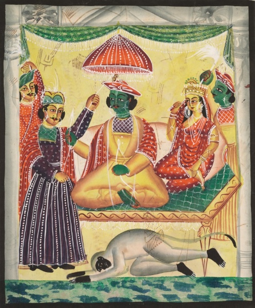 Rama and Sita enthroned (recto), from a Kalighat album
