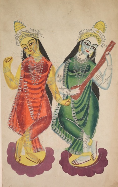 Goddesses Lakshmi and Sarasvati (verso), from a Kalighat album