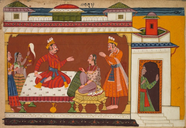 King Dasharatha sends his chief minister Sumantra to summon Rama, from Chapter 16 of the Ayodhya Kanda (Book of Ayodhya), folio 18 of a “Shangri” Ramayana (Rama’s Journey)
