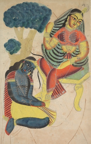Krishna Stroking Radha's Feet (verso), from a Kalighat album
