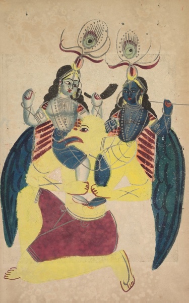 Garuda Carrying Balarama and Krishna (verso), from a Kalighat album