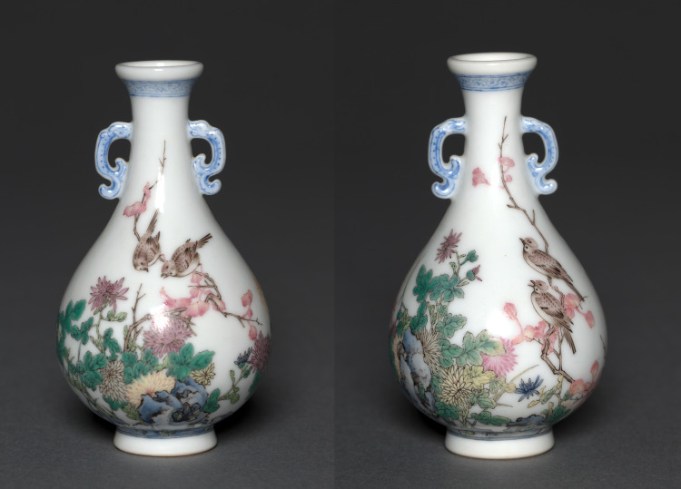 Pair of Miniature Vases with Birds and Chrysanthemums