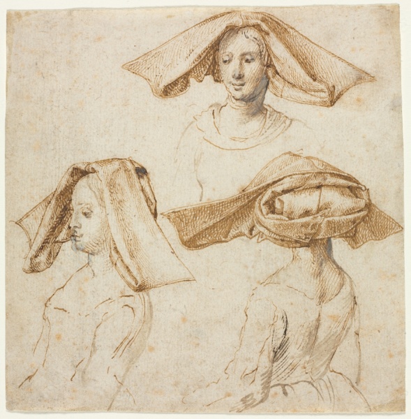 Three Studies of a Woman Wearing an Elaborate Headdress