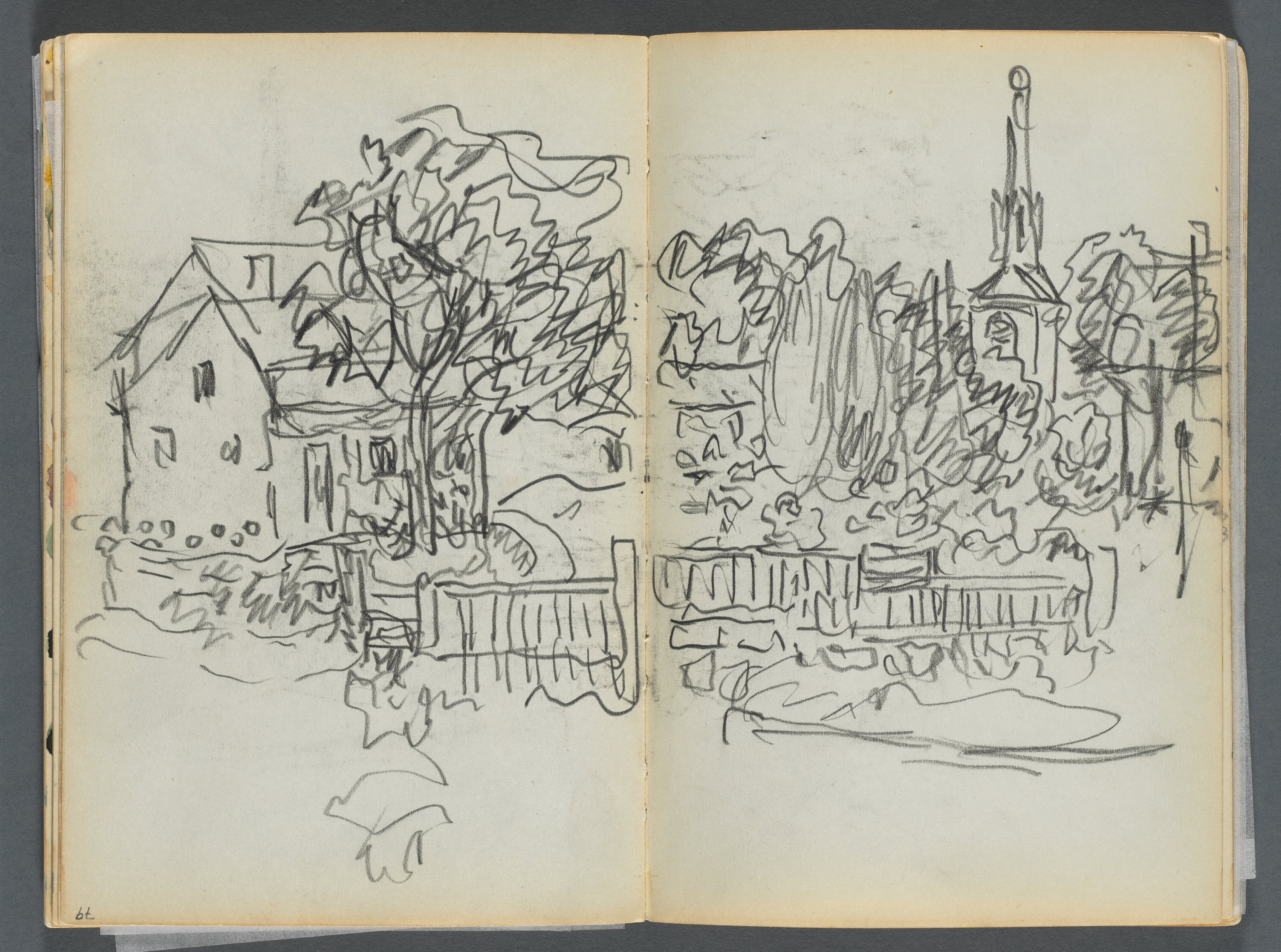 Sketchbook- The Granite Shore Hotel, Rockport, page 078 & 79: Village Scene with Church Spire 