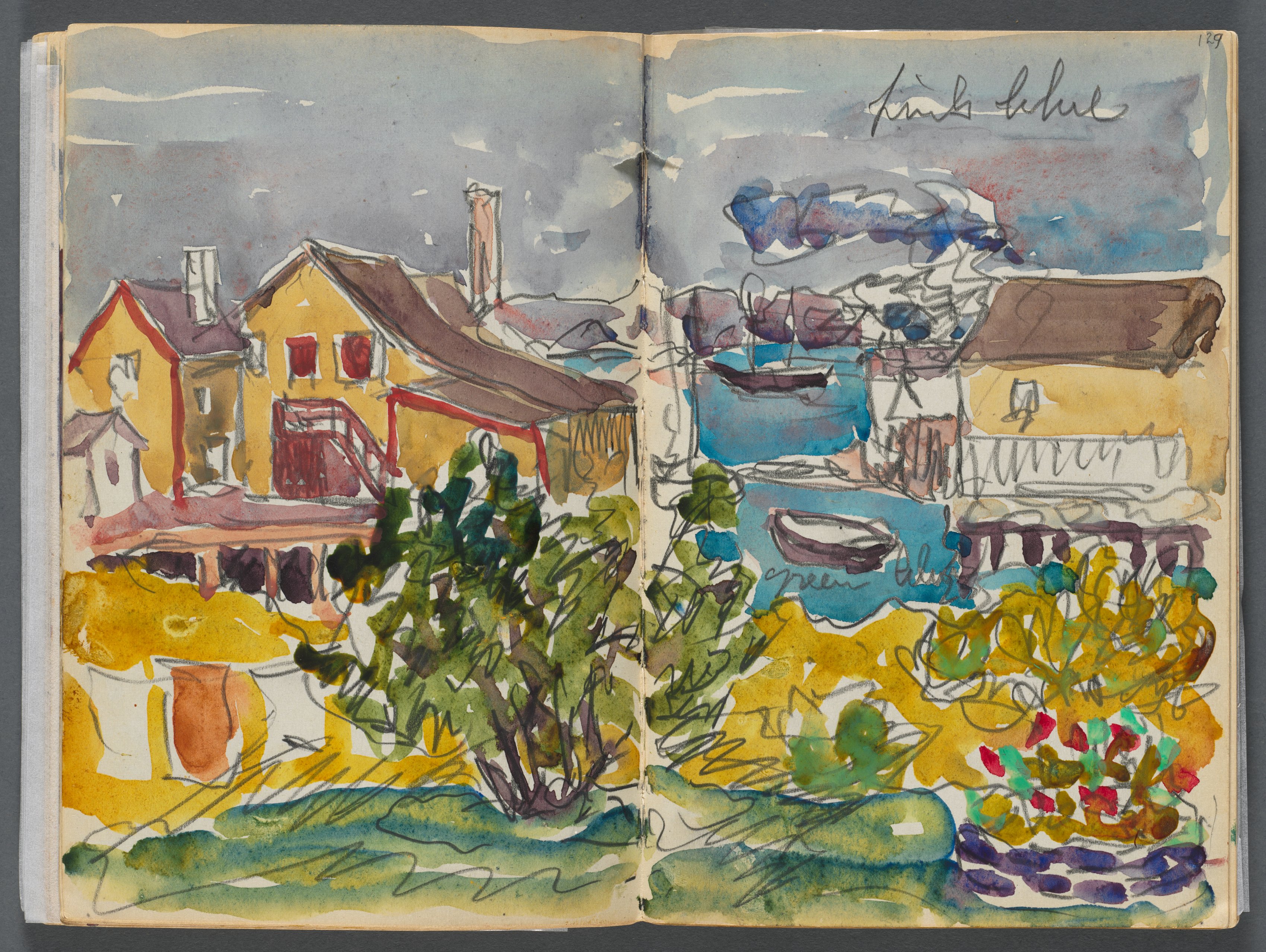 Sketchbook- The Granite Shore Hotel, Rockport, page 128 & 129: Houses on the Harbor 