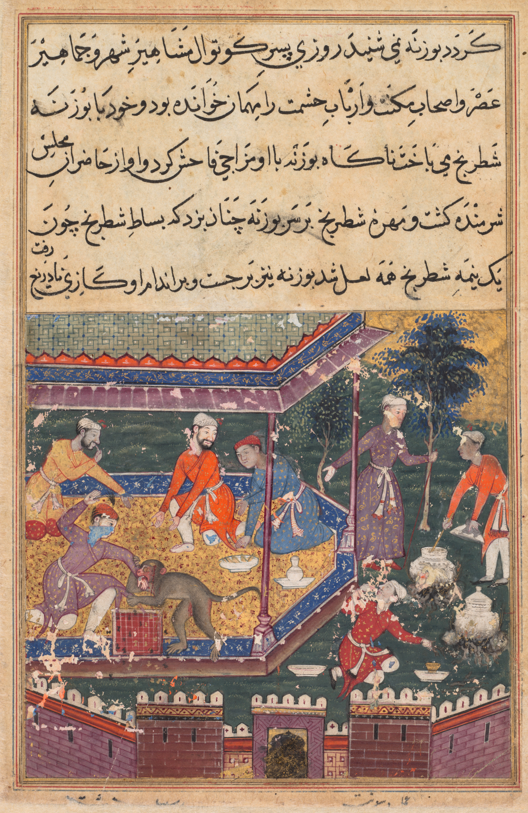 The wounded monkey bites the hand of the prince, his chessmate, in the presence of guests, from a Tuti-nama (Tales of a Parrot): Fifth Night