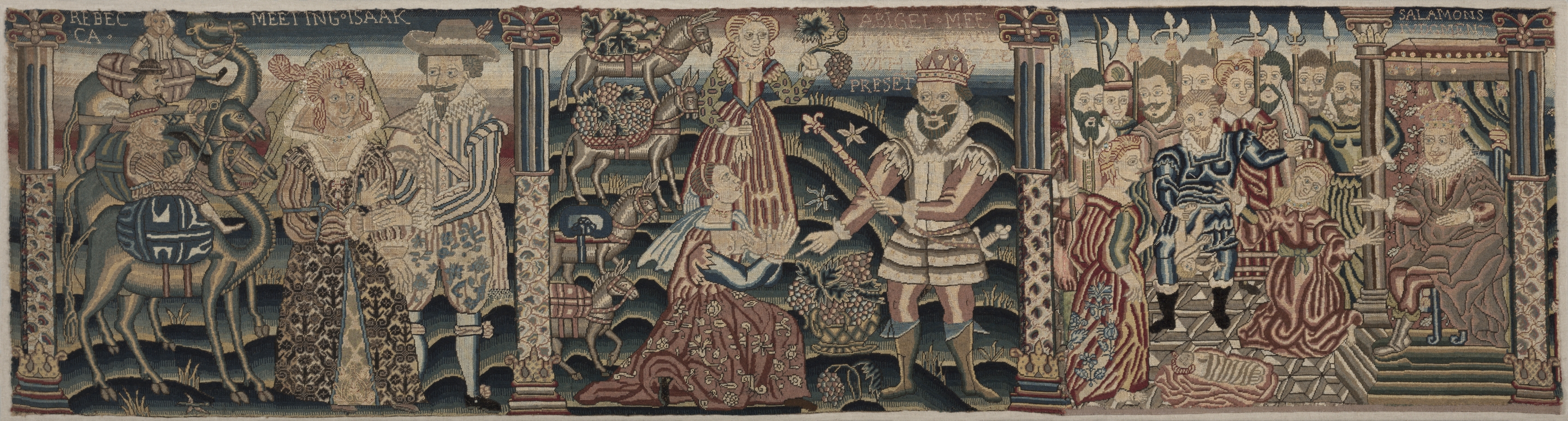 Section of an Embroidered Frieze: Rebecca Meeting Isaac, Abigail Meeting David with a Present, The Judgment of Solomon