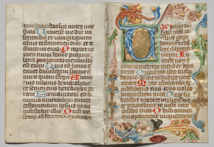 Bifolio from a Book of Hours: Initial V with Floral Border (recto)