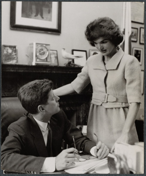 John F. Kennedy and Jackie Kennedy conversing in his Senate office