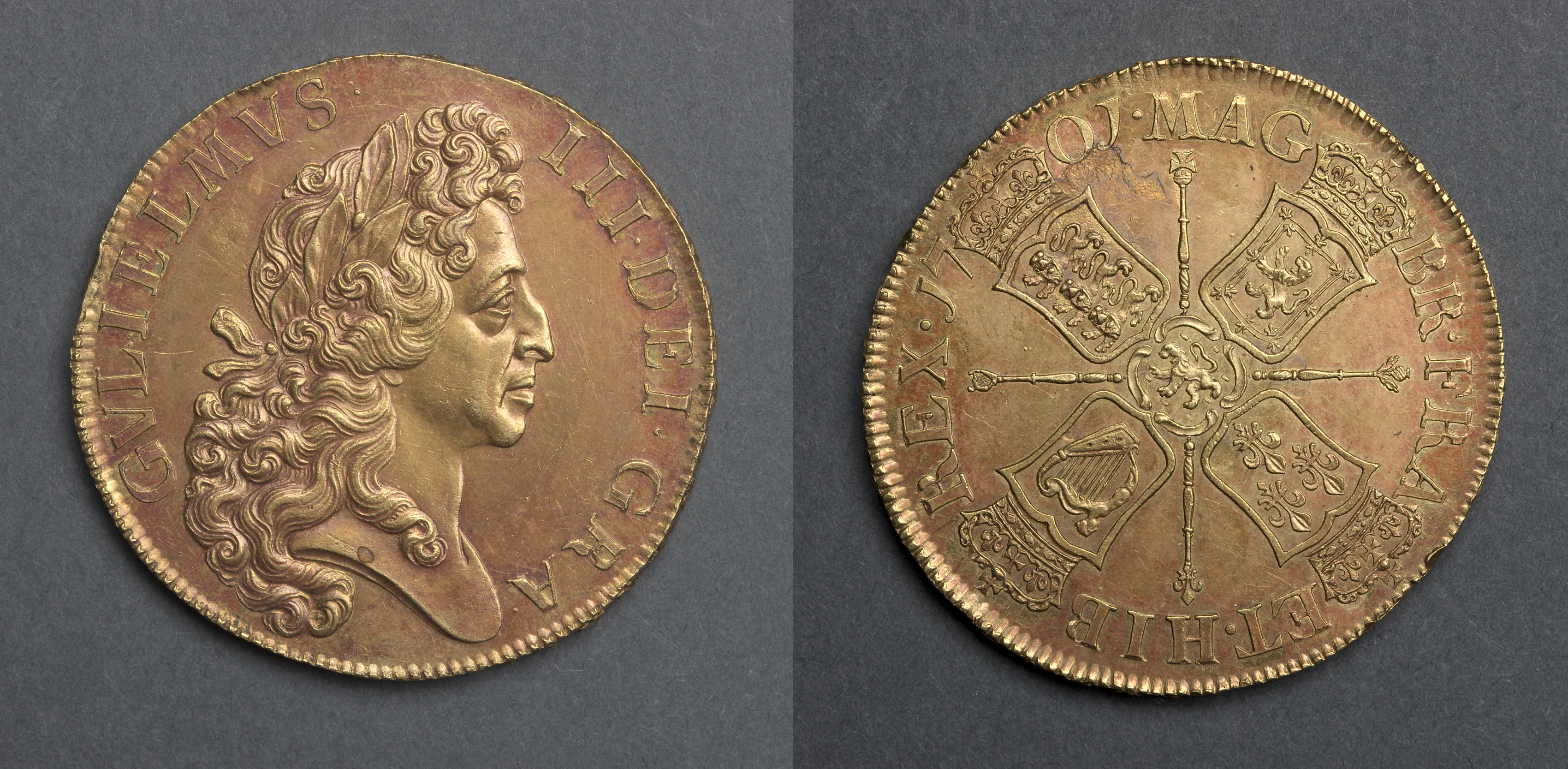 Five Guineas: William III (obverse); Four Shields and Lion of Nassau (reverse)