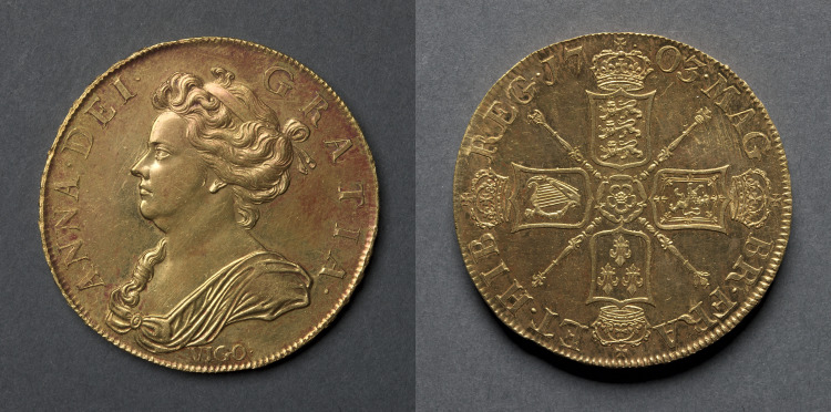 Five Guineas: Anne (obverse); Shields and rose (reverse)