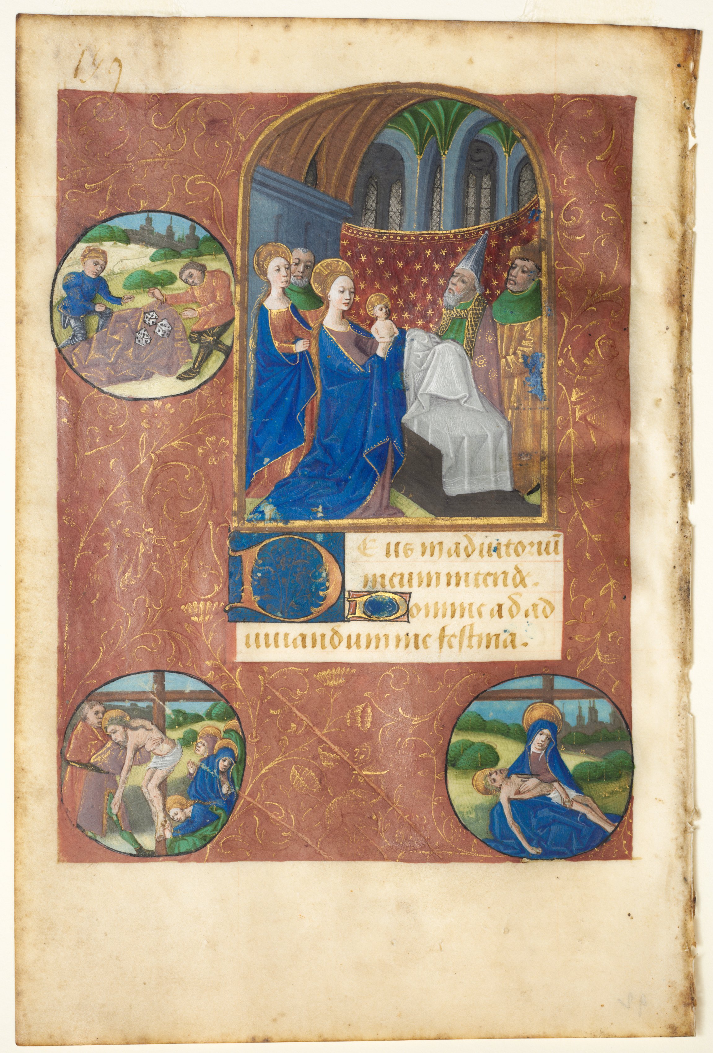 Leaf from a Book of Hours:  Presentation in the Temple with Roundels of the Casting of Lots, the Deposition, and Pietà (None, Office of the Virgin)