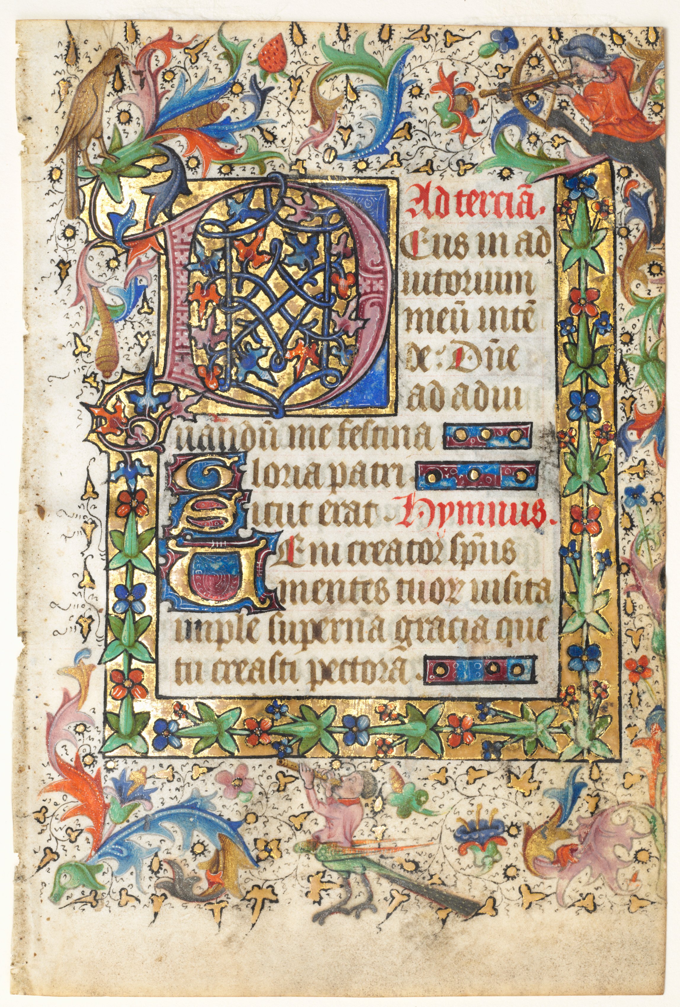 Leaf from a Book of Hours: Decorated Initial D[eus] with Foliated Border (Opening of Terce: Hours of the Holy Spirit)