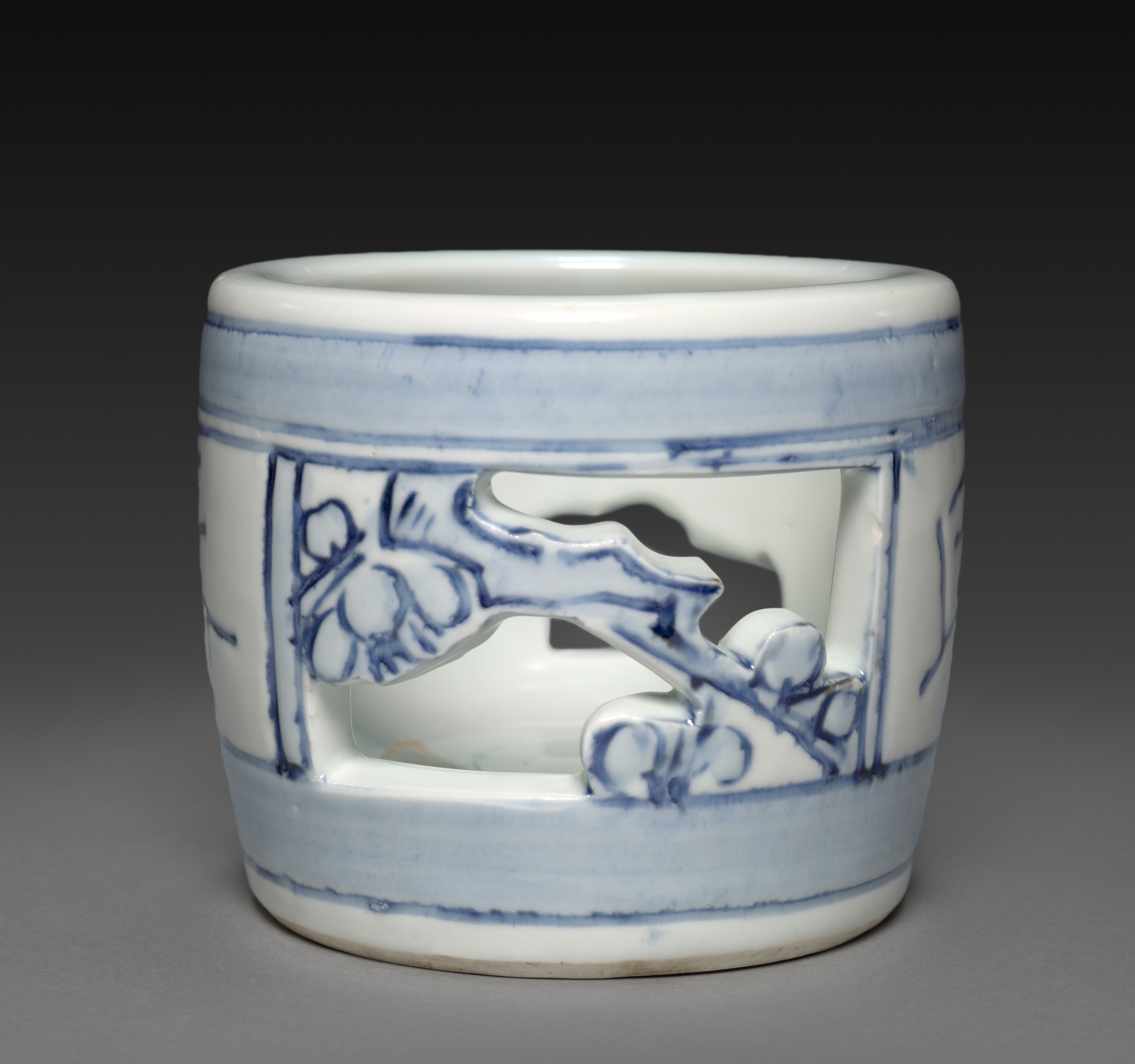 Brush Pot with Carved Panels of Prunus Design and Japanese Characters