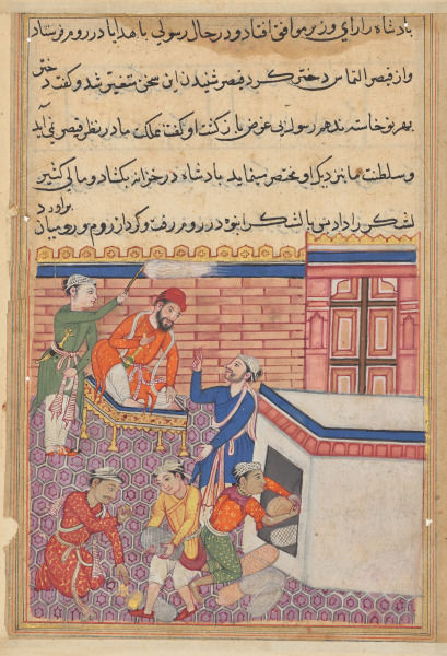 The king’s emissary being provided with gifts for his mission to Rum in order to seek the hand of the emperor’s daughter in marriage, from a Tuti-nama (Tales of a Parrot): Fiftieth Night