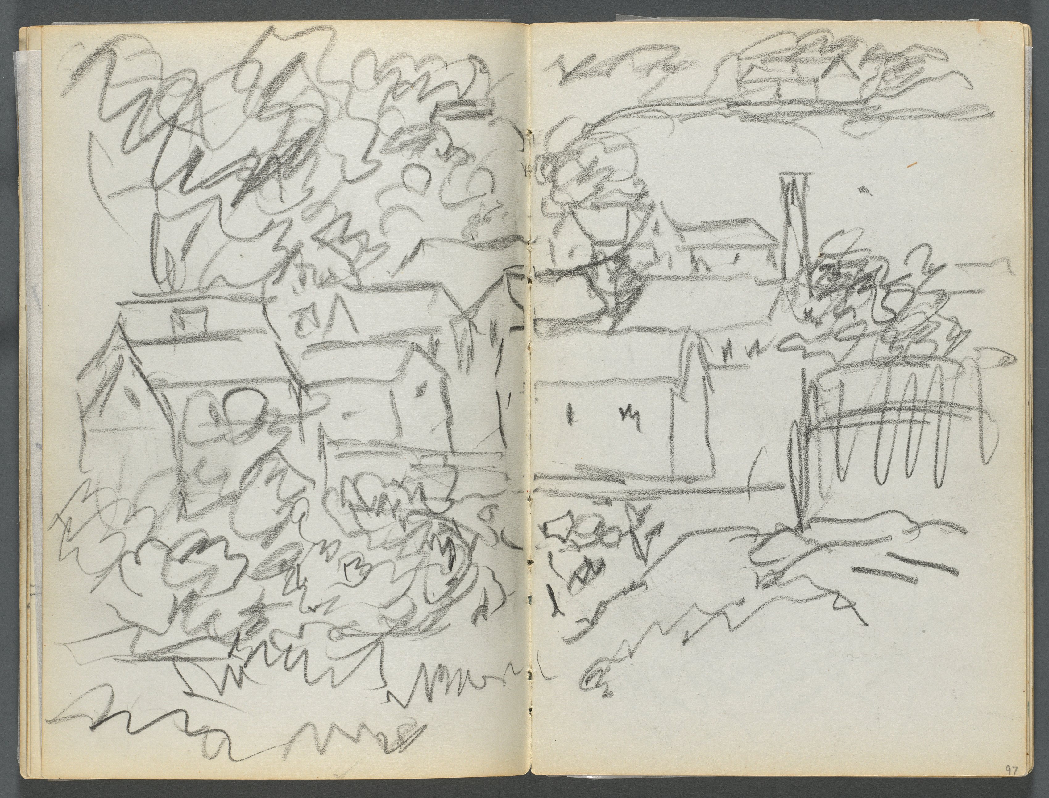 Sketchbook, The Dells, N° 127, page 096 & 97: Landscape with Houses