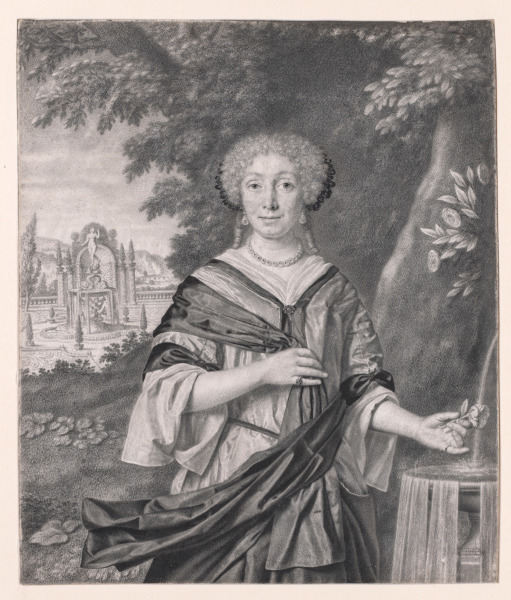Portrait of a Woman near a Fountain, a Rose in Her Hand