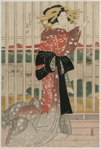 The Courtesan Meizan of the Chojiya on a Balcony Overlooking the Sumida River