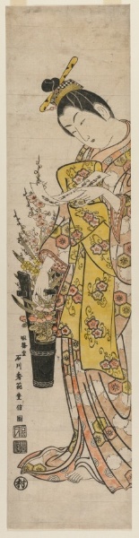 Courtesan Reading a Poem Slip Tied to Flowers in a Vase