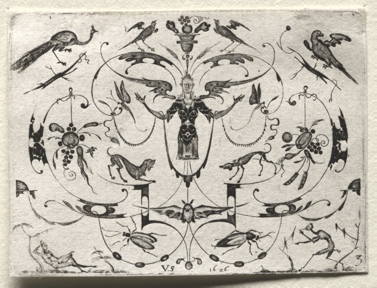 Arabesque with Peacock, Parakeet, Dogs and Insects