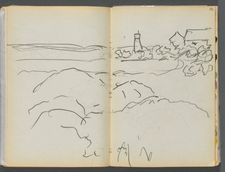 Sketchbook- The Granite Shore Hotel, Rockport, page 102 & 103: Harbor View with Lighthouse 