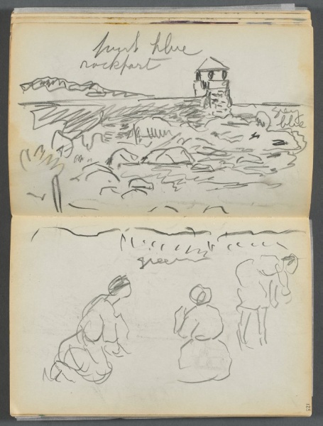 Sketchbook- The Granite Shore Hotel, Rockport, page 124 & 125: Rockport Lighthouse and Figures on Shore 