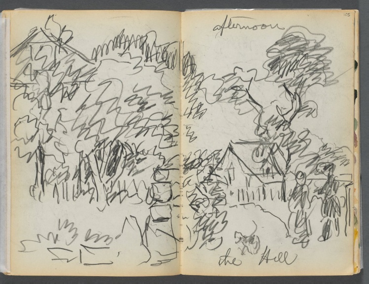 Sketchbook- The Granite Shore Hotel, Rockport, page 104- 105: "Afternoon , the hill"