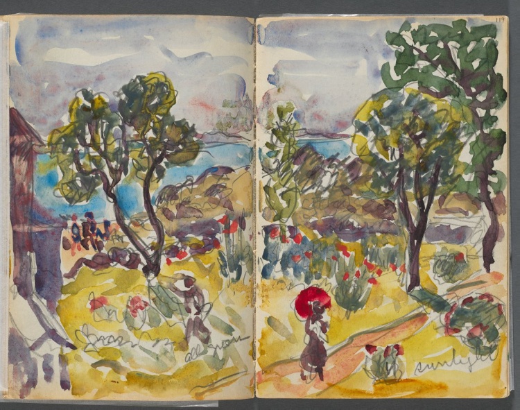 Sketchbook- The Granite Shore Hotel, Rockport, page 118 &119: Garden View with Notations