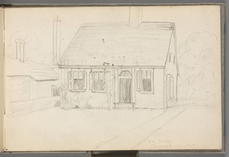 Sketchbook No. 5, page 5: Pencil house, lower right in pencil: Our house/ Provincetown 1929