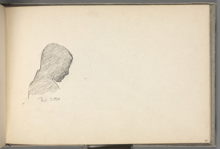 Sketchbook No. 5, page 31: Pencil silhouette of man. Underneath in pencil: Paul Suter