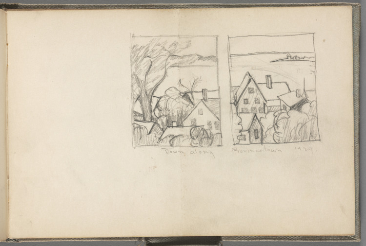 Sketchbook No. 5, page 9: 2 pencil sketches in borders of houses, water. In pencil: Down Along under left scene, Provincetown 1929 under right scene