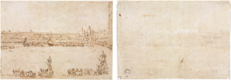 A Procession of Triumphal Cars in the Piazza San Marco, Venice, Celebrating the Visit of the Conti del Nord (recto) Three Sketches of Arches (verso)