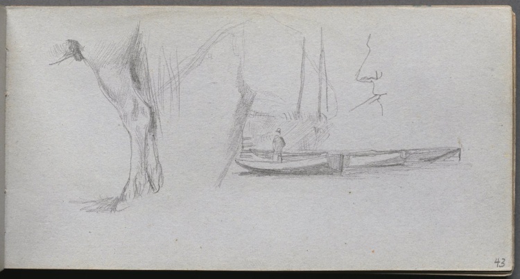 Sketchbook, page 43: Studies: Horse's leg, Figure in a Boat, and Profile