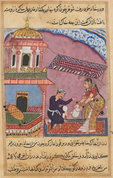 The husband berates his wife for purchasing gravel instead of sugar, from a Tuti-nama (Tales of a Parrot): Eighth Night