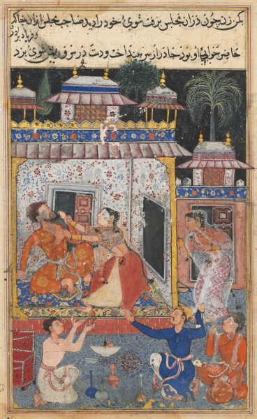 The deceitful wife assaults her erring husband, from a Tuti-nama (Tales of a Parrot): Eighth Night