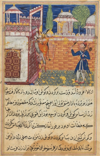The deceitful wife returns to her terrace after caressing her lover, from a Tuti-nama (Tales of a Parrot): Eighth Night