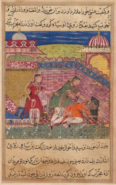 The deceitful wife ejects the procuress after blackening her face, from a Tuti-nama (Tales of a Parrot): Eighth Night