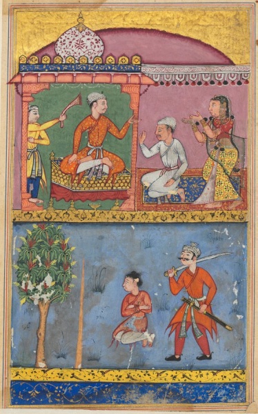 The handmaiden appeals for justice and the prince is taken to the execution site for the fourth time, from a Tuti-nama (Tales of a Parrot): Eighth Night