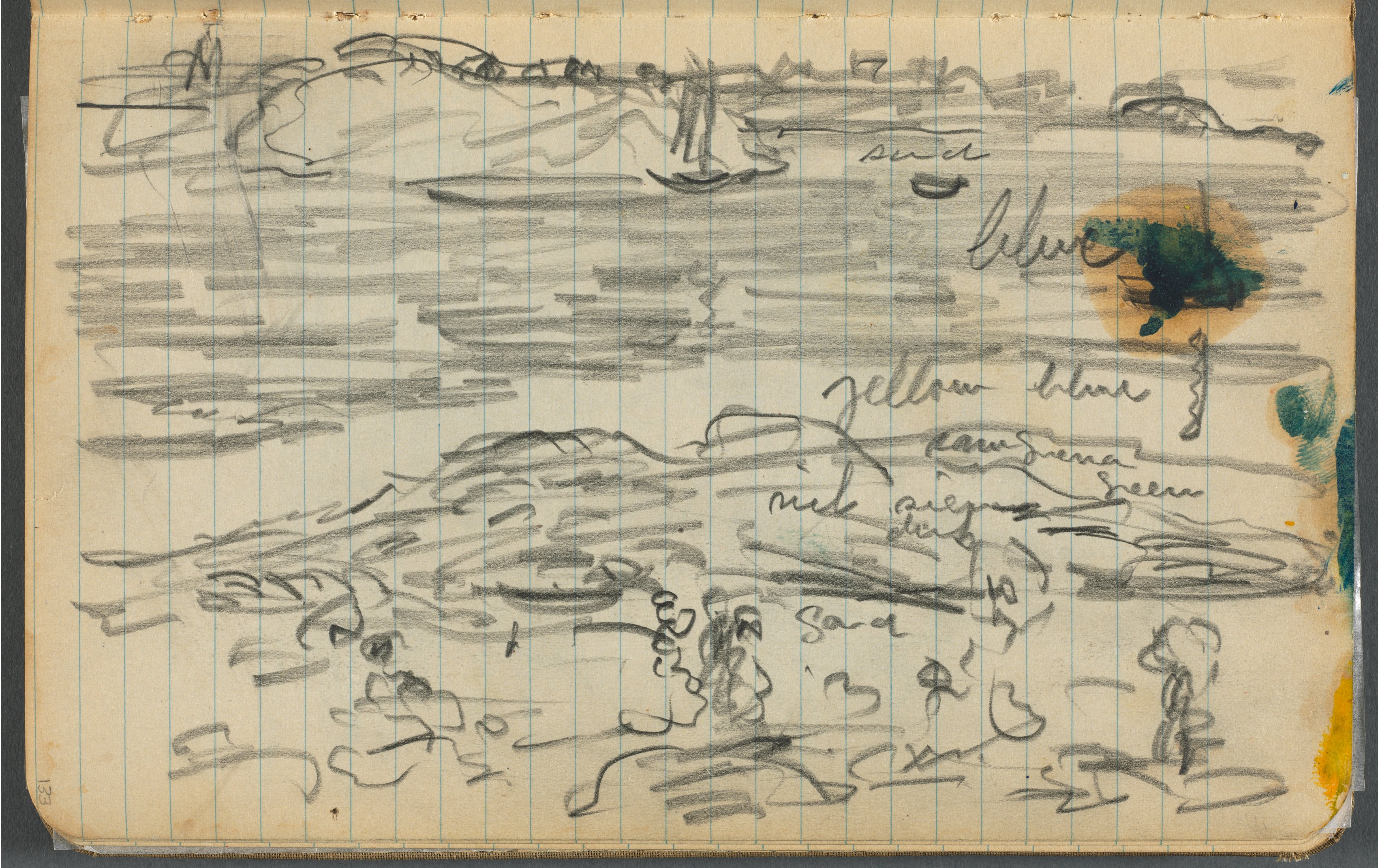 Sketchbook, page 133: Marine View with color notations 