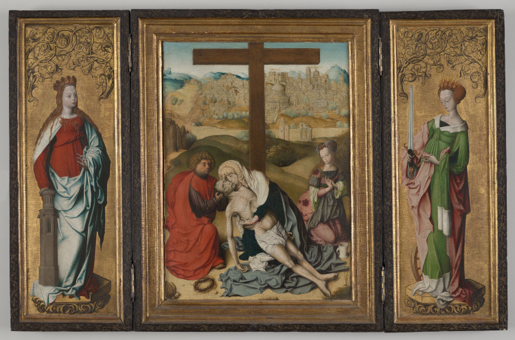 Triptych with The Lamentation of Christ (center), St. Barbara (left wing), St. Catherine of Alexandria (right wing), The Annunciation (reverse wings)