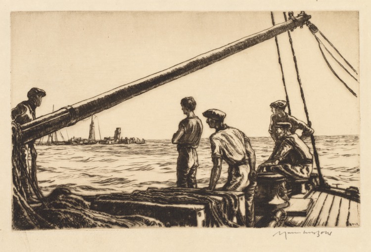 Salvage Men Approaching a Torpedoed Ship