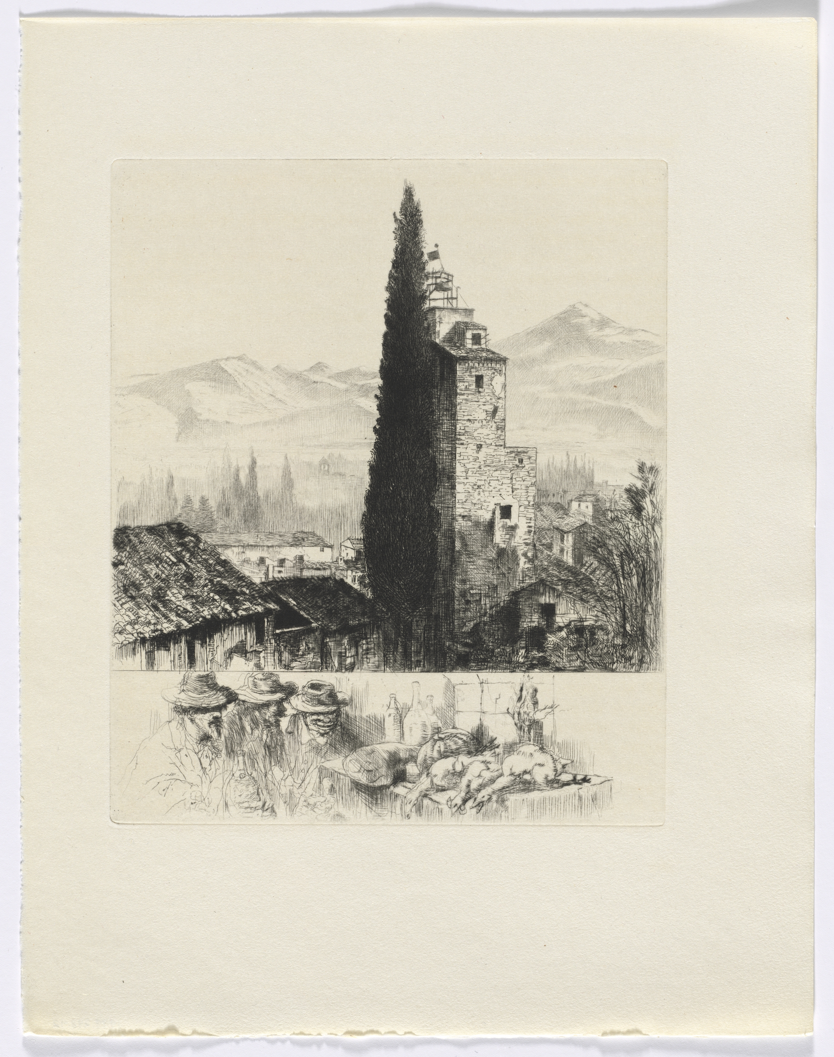 Frédéric Mistral: Mémoires et Recits by Frédéric Mistral: tower in landscape/ man and dead game (insert after p. 200)